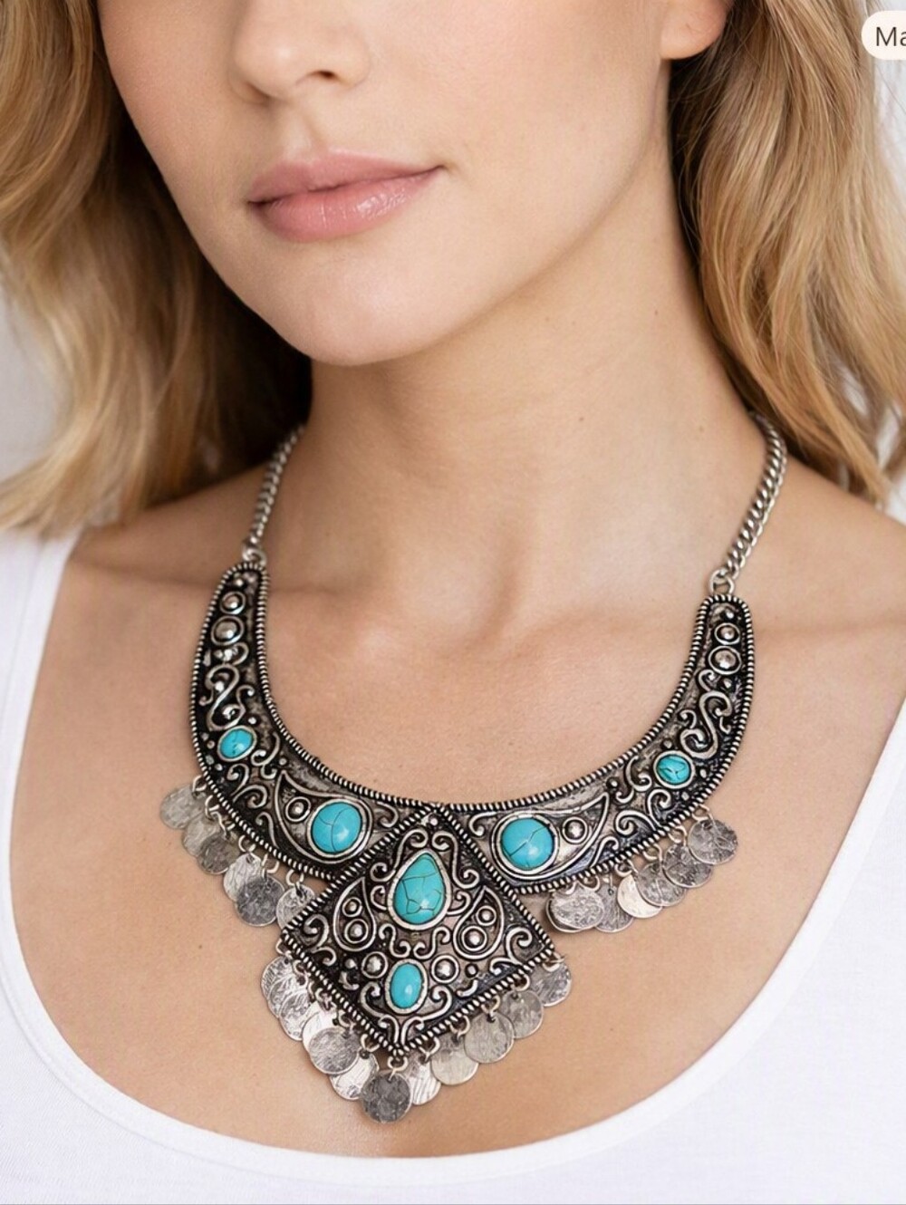 Turquoise Necklace Filigree Statement Silver Tone Discs And Boho Crescent Design